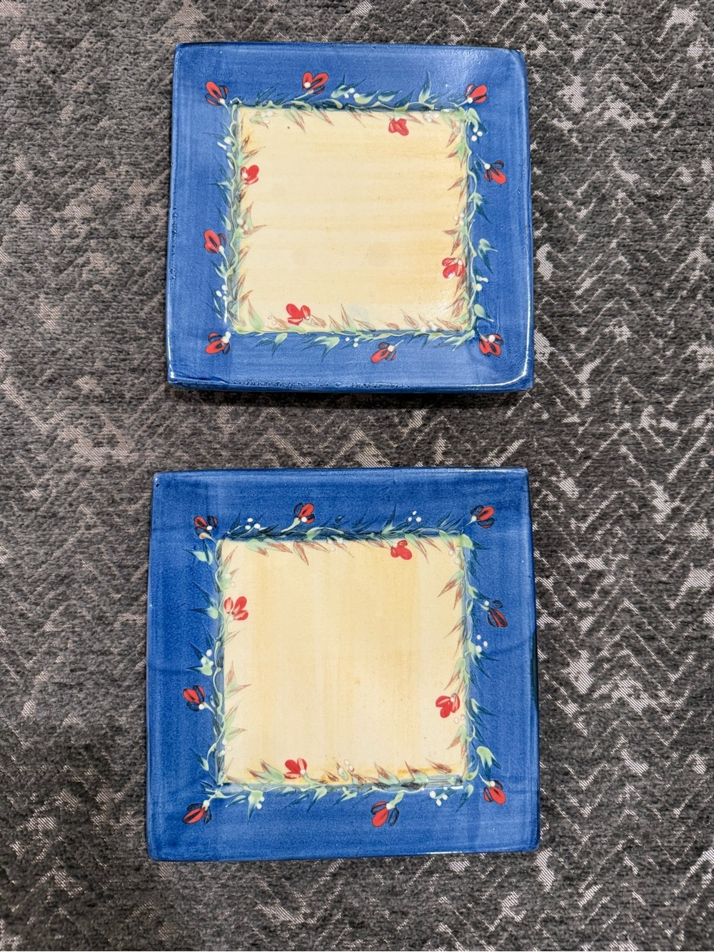 T Comme Terre Provence France Hand Painted Square Plates 7.5” Pair Unused